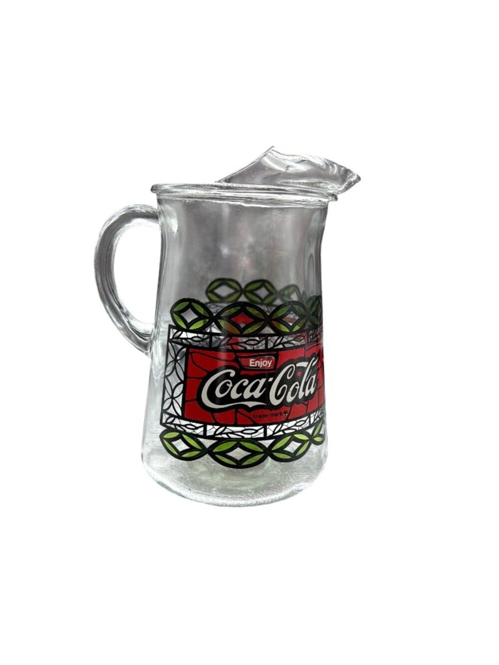 Vintage Coca-Cola Glass Pitcher With Handle & Lid Stained Glass Design